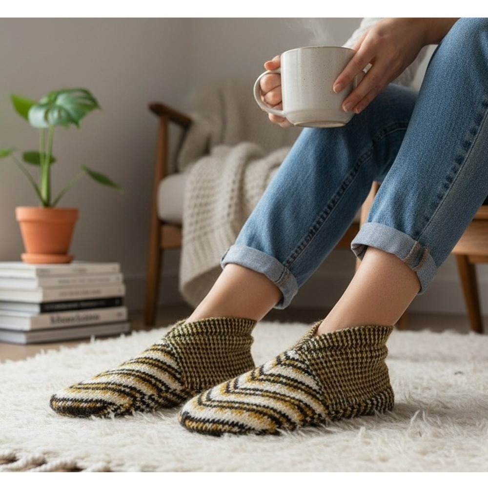 Bombas Gripper Slippers Womens Small Yellow Cream Chevron Knit House Socks New